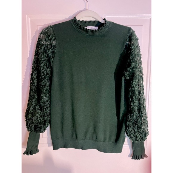 Sioni Milano Sweaters - Sioni Milano Women's Green Crew Sweater Sheer Flower Embellished Sleeves Size M‎